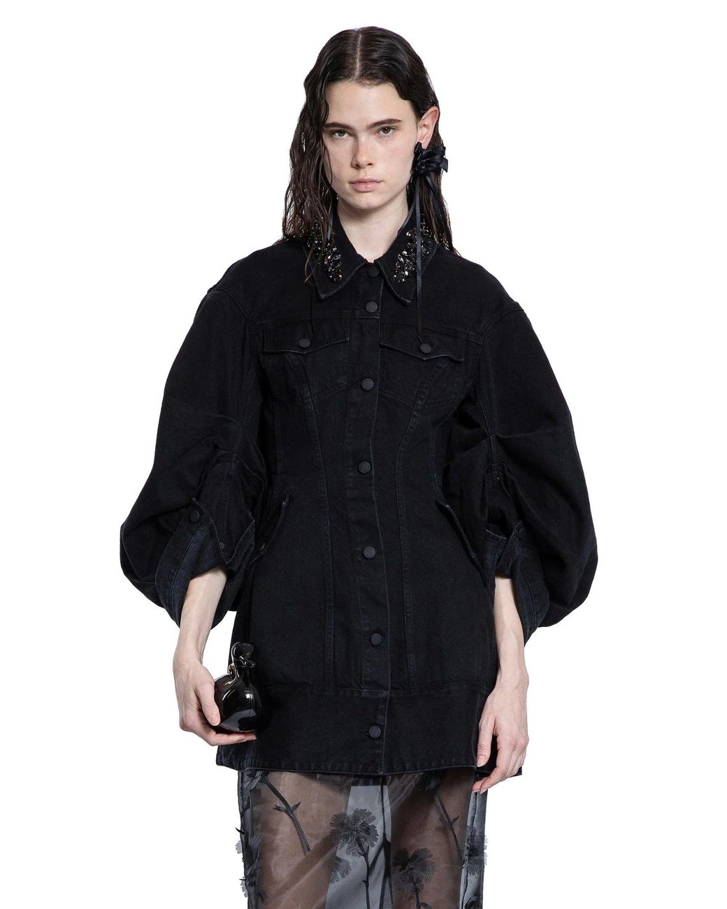 Simone Rocha Black Embellished Sculpted Short Denim Jacket