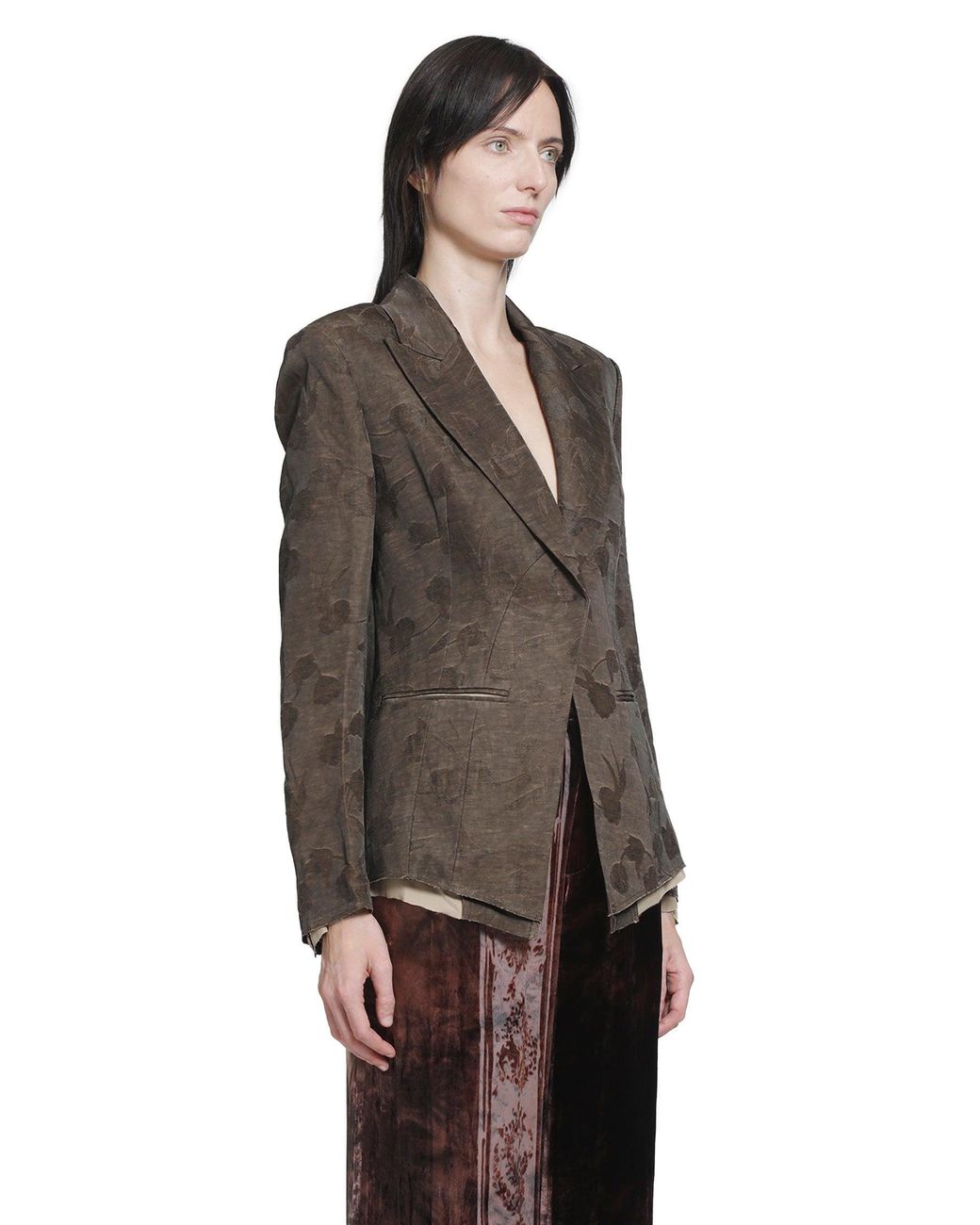 YA YI Brown Floral Viscose Linen Blazer