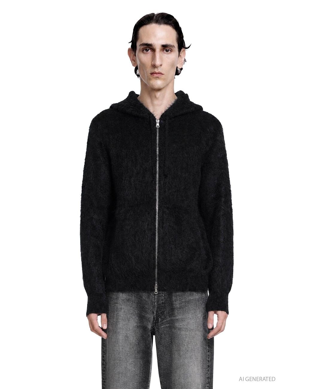 Ssstein Black Kid Mohair Knit Zip Hoody for men