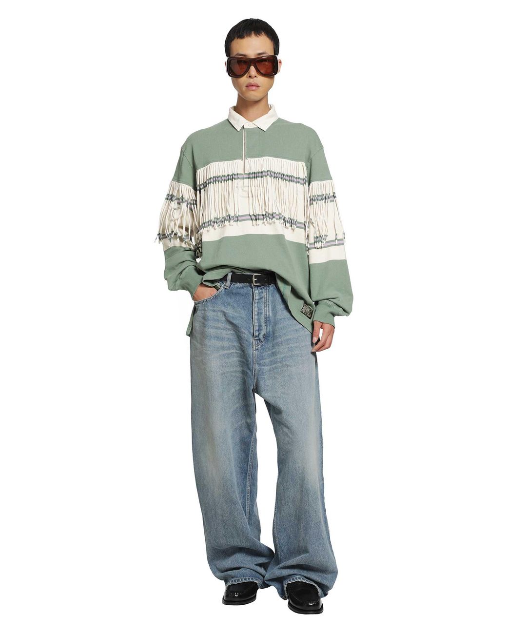 Kapital Green Panel Stripe Jersey Fringed Rugby Polo for men