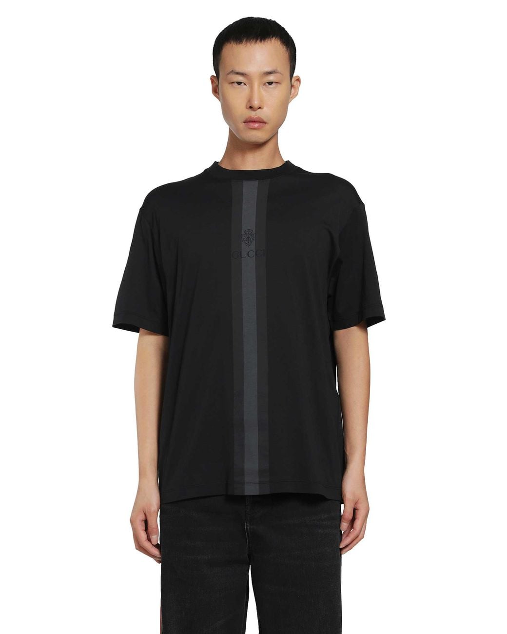 Gucci Black Cotton T-Shirt With Muted Web for men