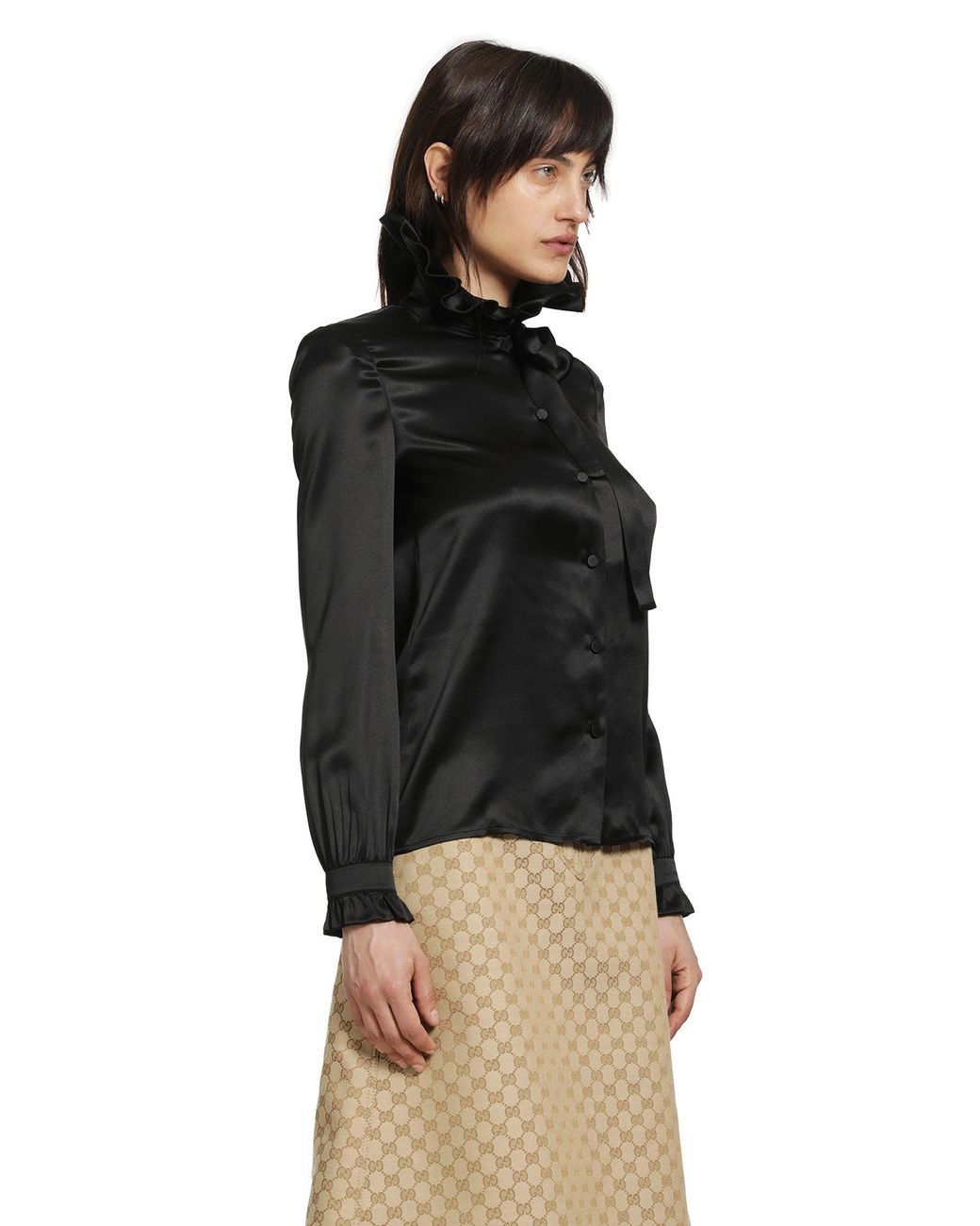 Gucci Black Silk Satin Ruffled Shirt