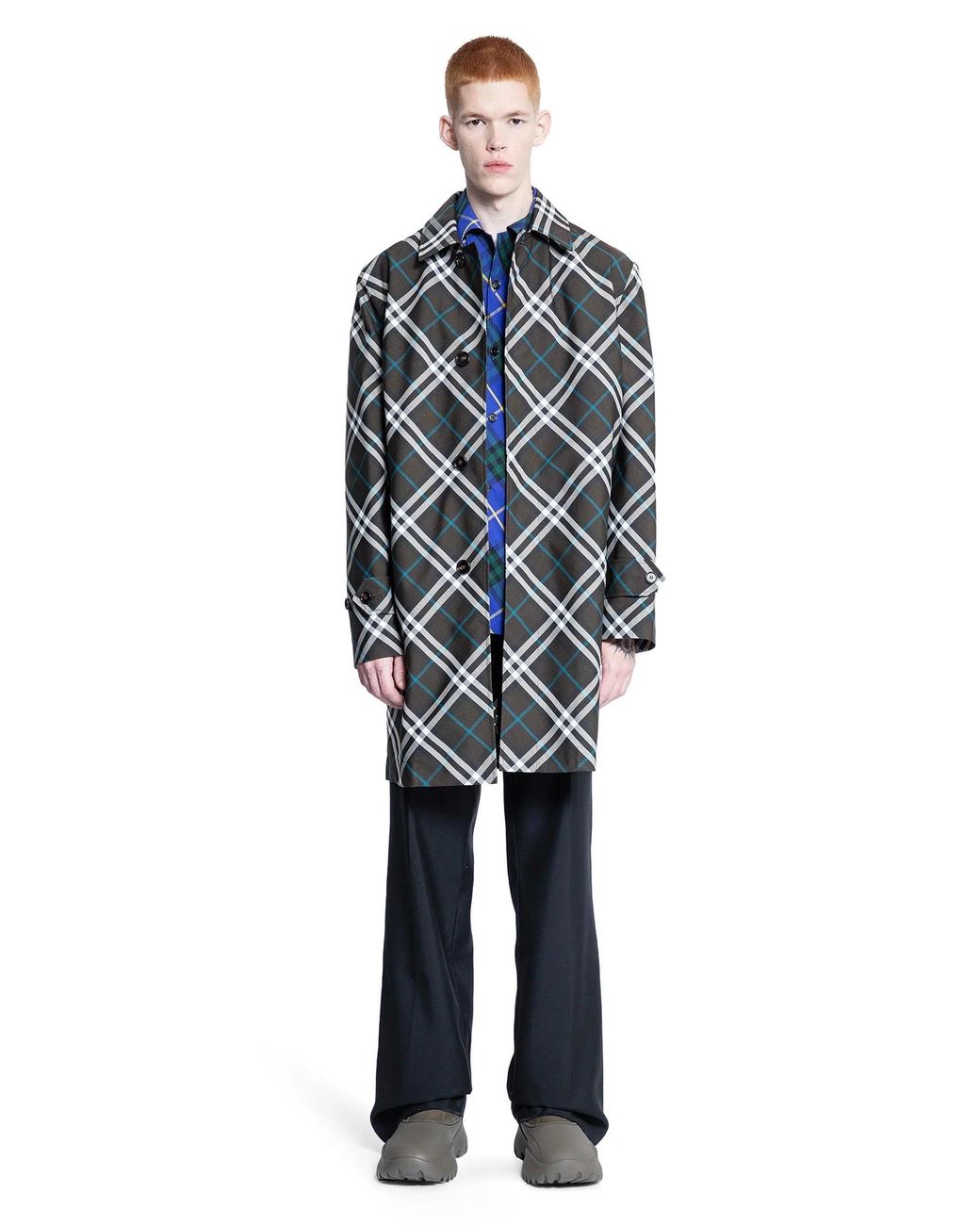Burberry Blue Check Nylon Mid-Length Trench Coat for men