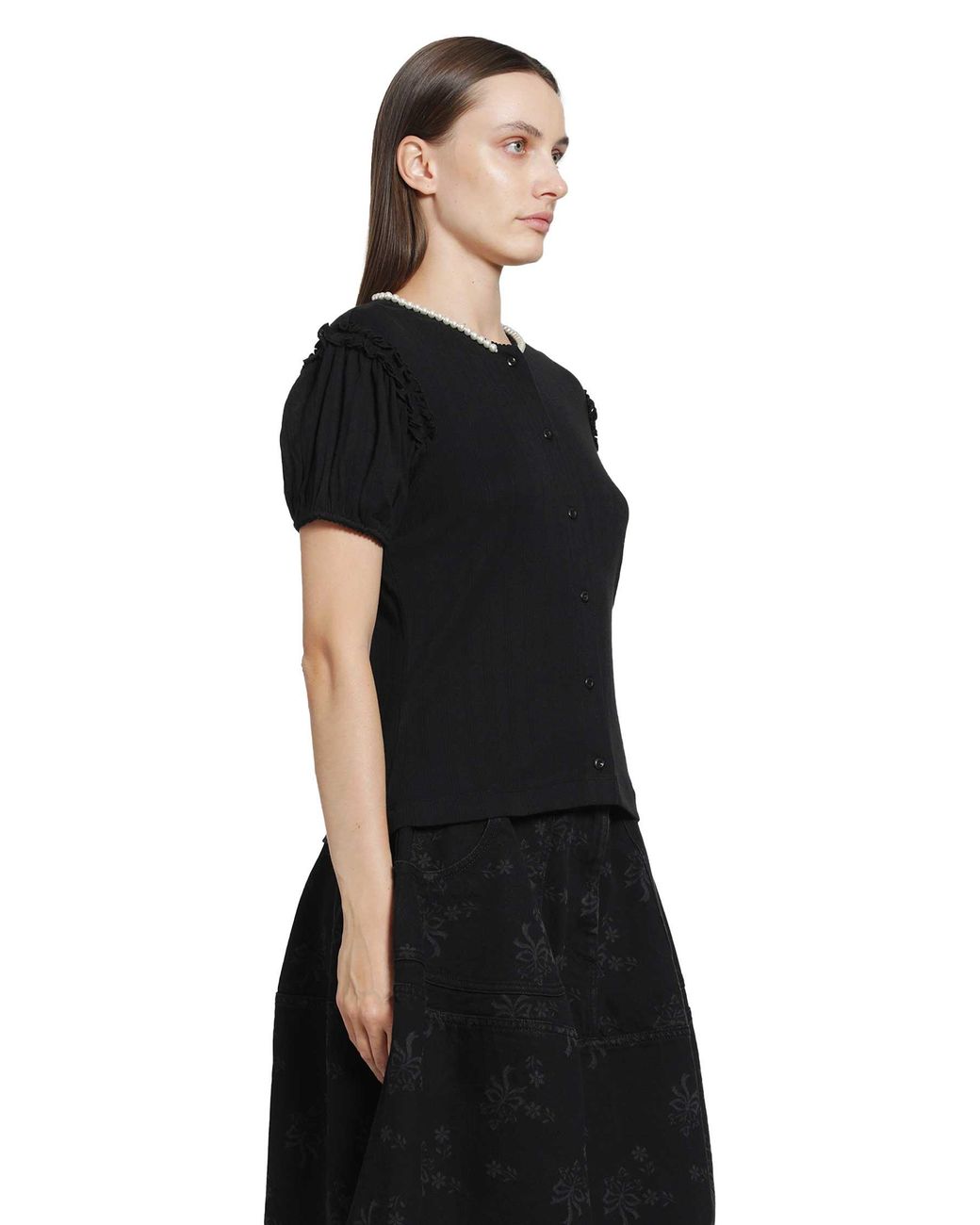 Simone Rocha Black Pointelle Puff Sleeve Cardigan