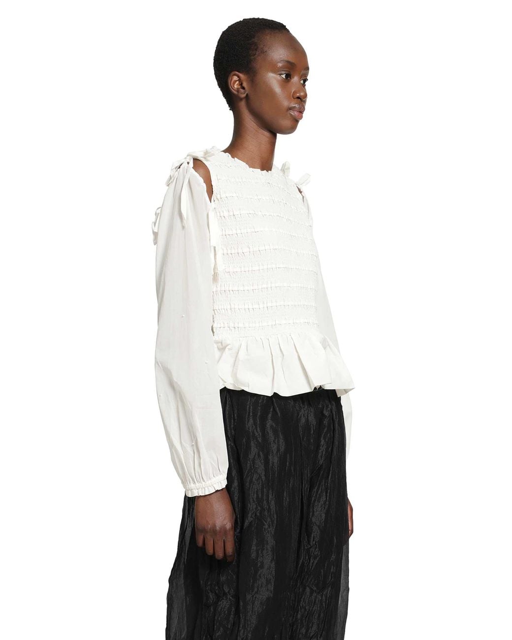 Renli Su White Smocked Cotton Blouse