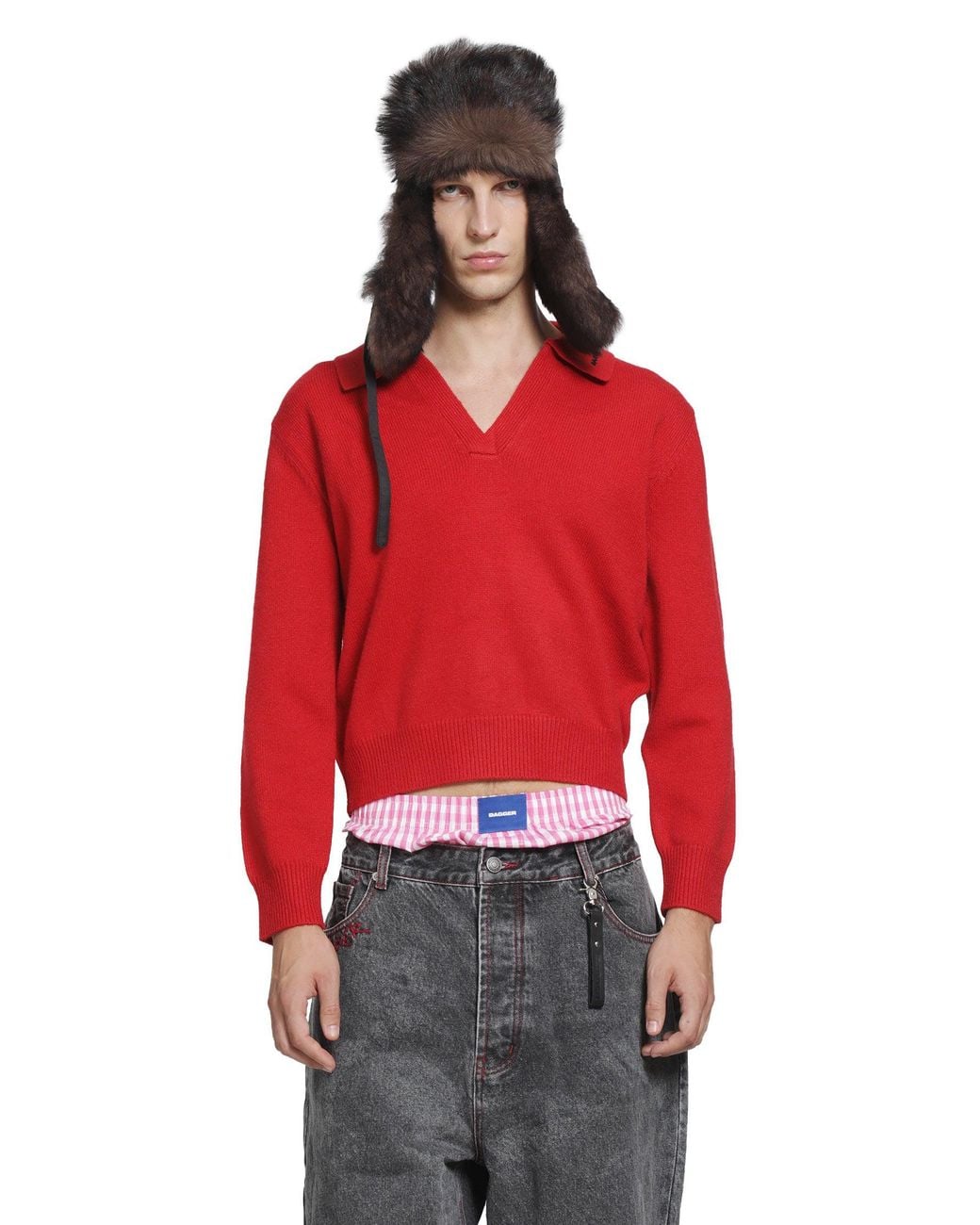 DAGGER Red Croped Knit Polo for men