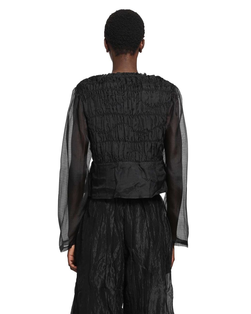 Renli Su Black Shirred Silk Twill And Organza Shirt