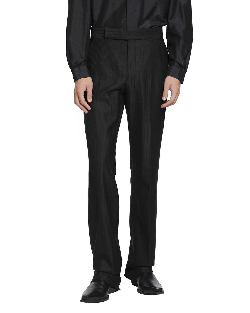Tom Ford Black Broken Twill Satin Stripe Trousers for men