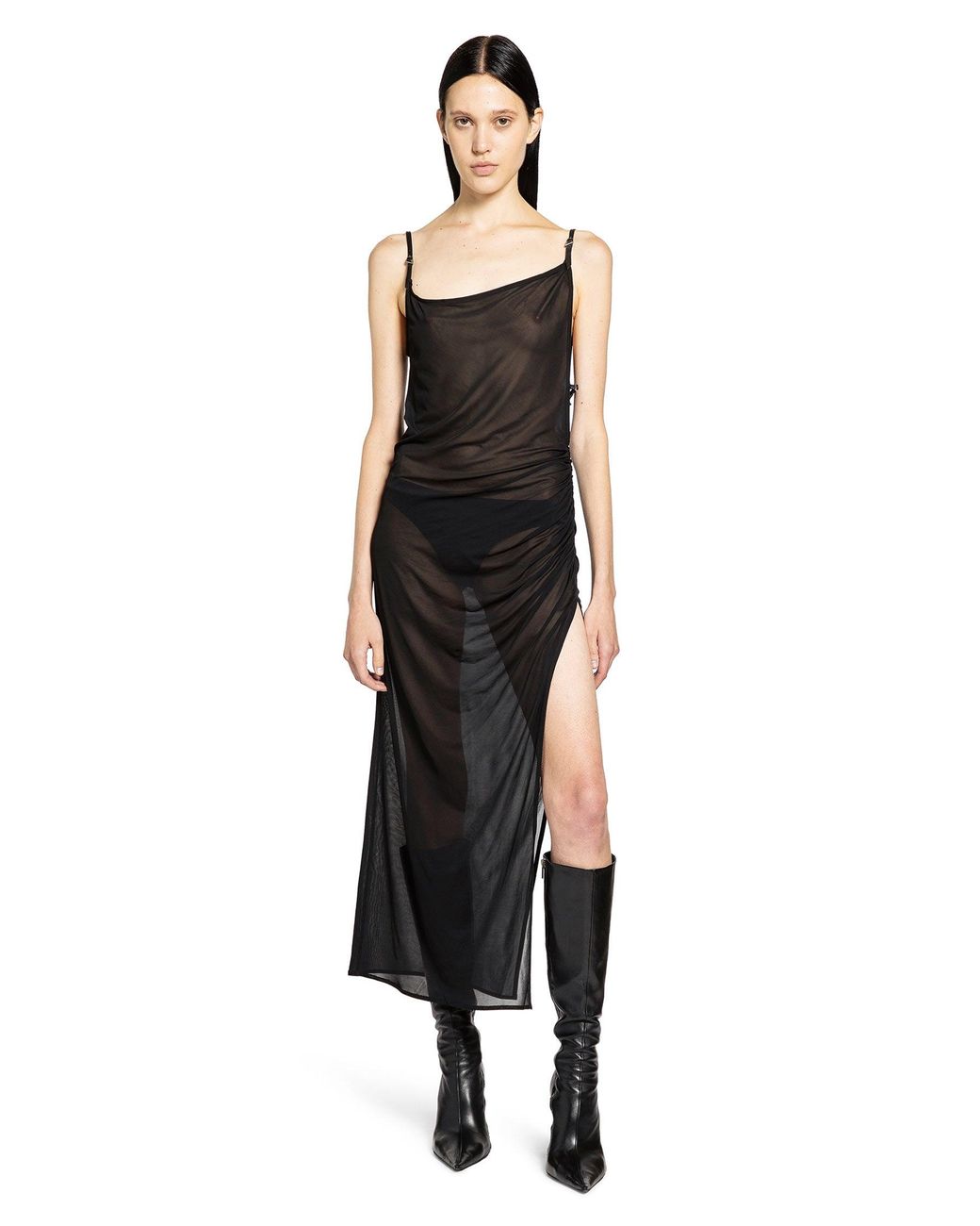 Mugler Black Asymmetrical Buckled Strap Dress