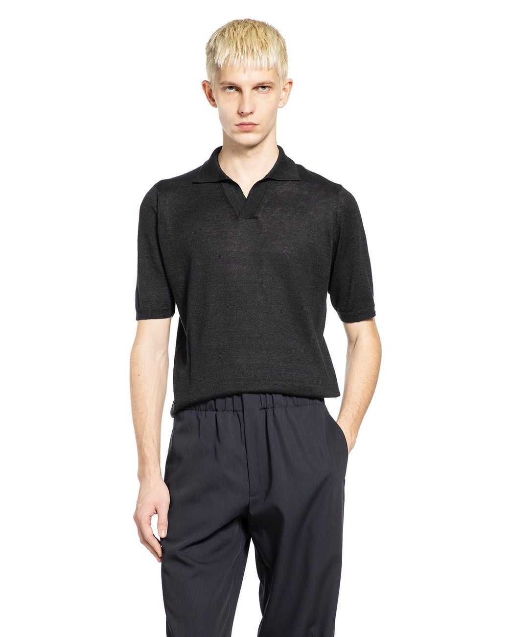Lardini Black Cotton Linen Knit Polo for men