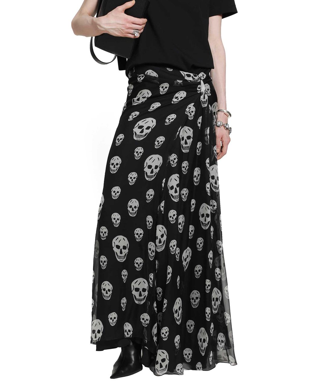 McQueen Black Skull Print Draped Maxi Skirt