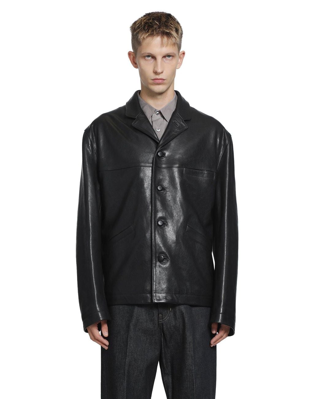 Lemaire Black Leather Single Breasted Jacket for men