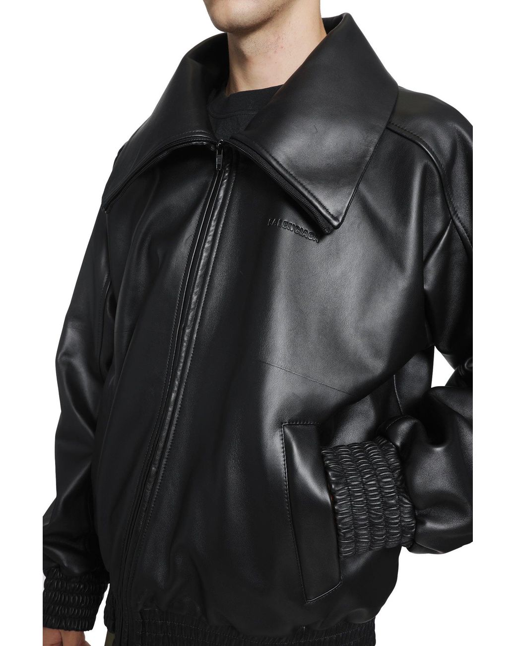 Balenciaga Black Leather Zip-Up Jacket for men