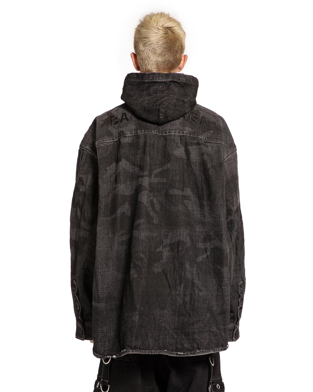 Balenciaga Black Washed Camo Denim Hooded Shirt for men