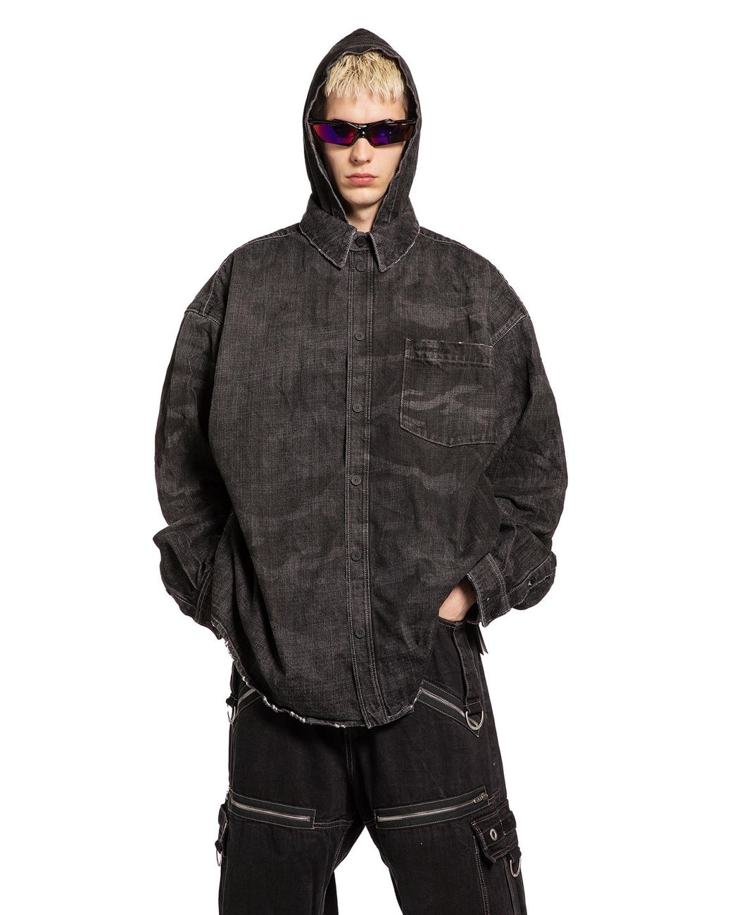 Balenciaga Black Washed Camo Denim Hooded Shirt for men