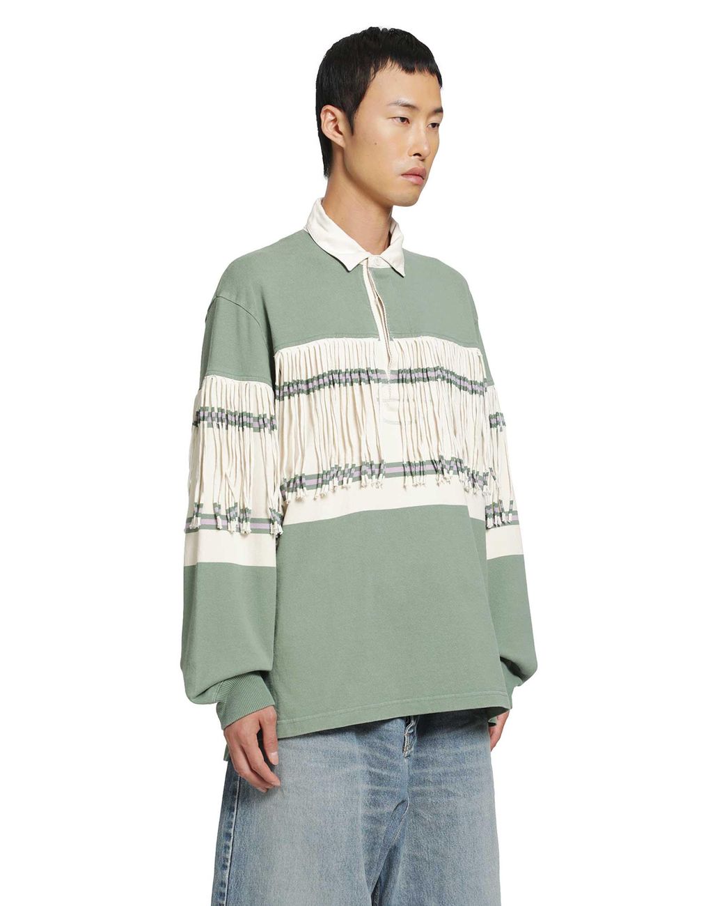 Kapital Green Panel Stripe Jersey Fringed Rugby Polo for men