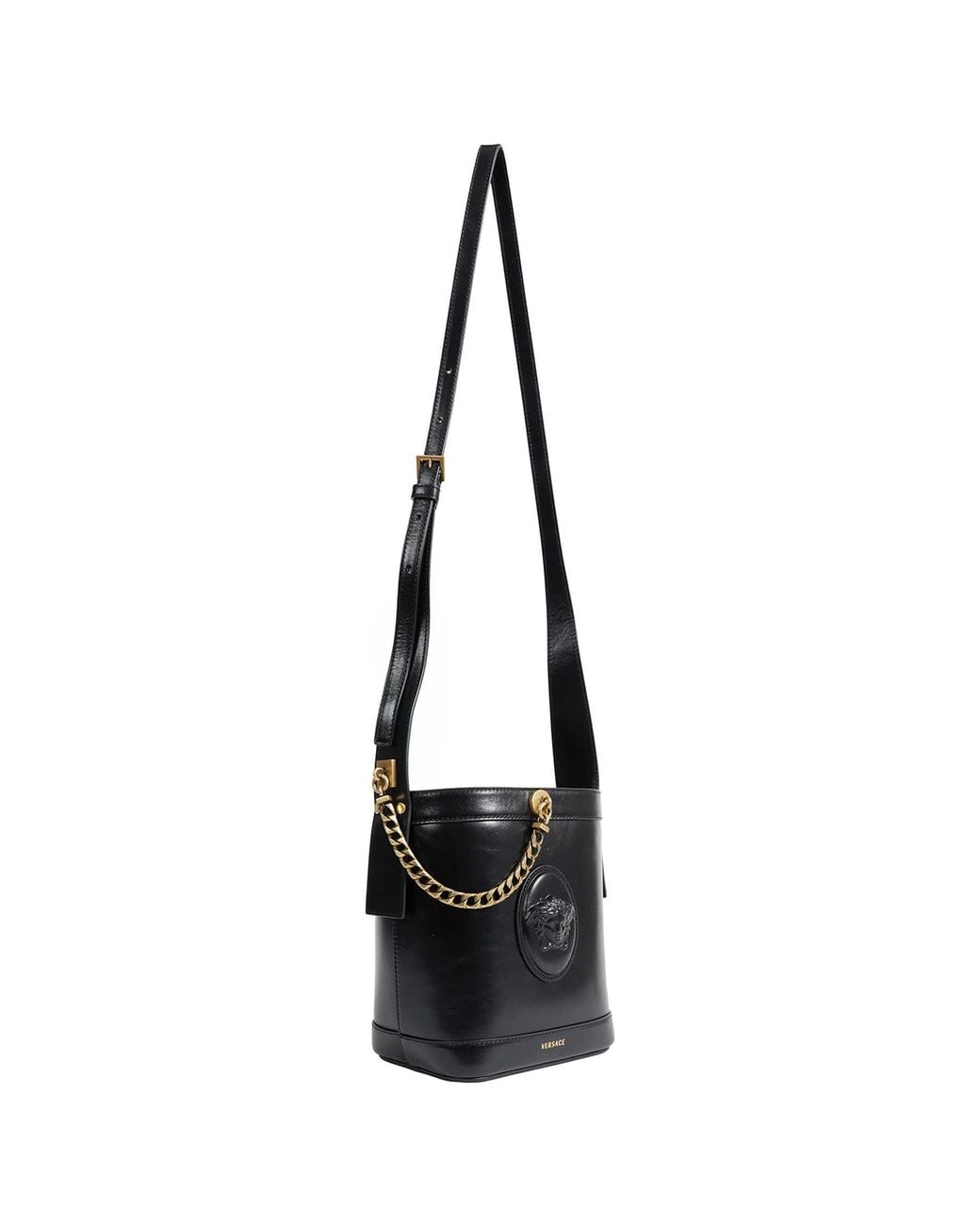 Versace Black Pivot Mini Leather Bucket Bag