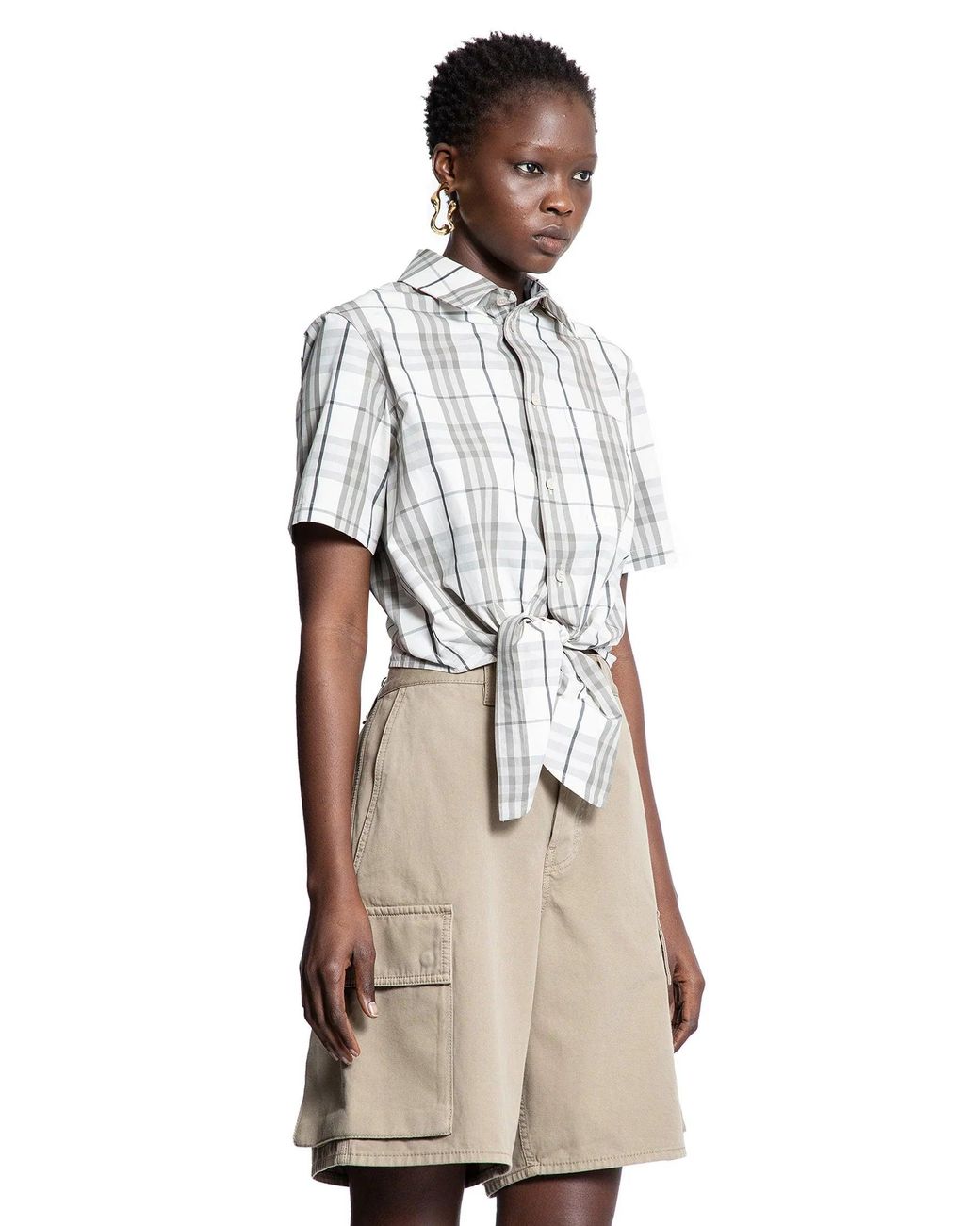 Burberry Natural Cropped Check Cotton Short Sleeve Shirt