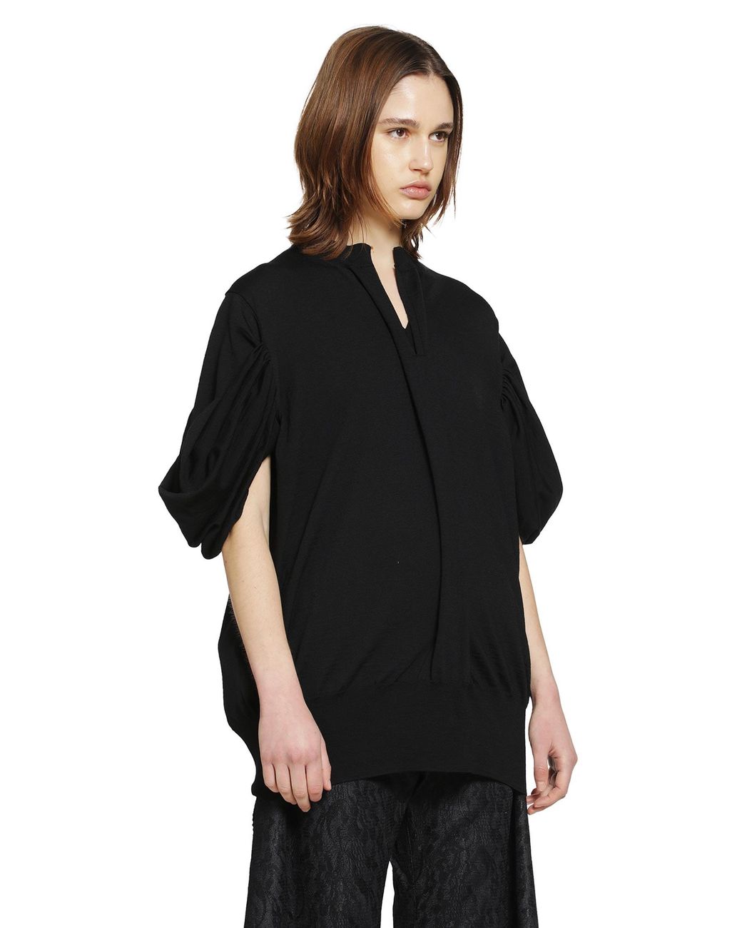 Junya Watanabe Black V-Neck Wool Sweater With Gathered Sleeves