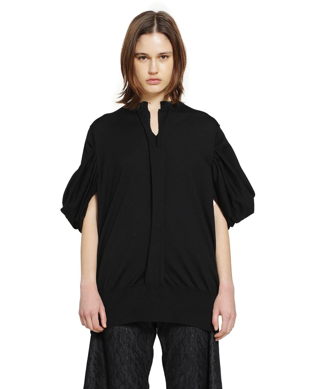 Junya Watanabe Black V-Neck Wool Sweater With Gathered Sleeves