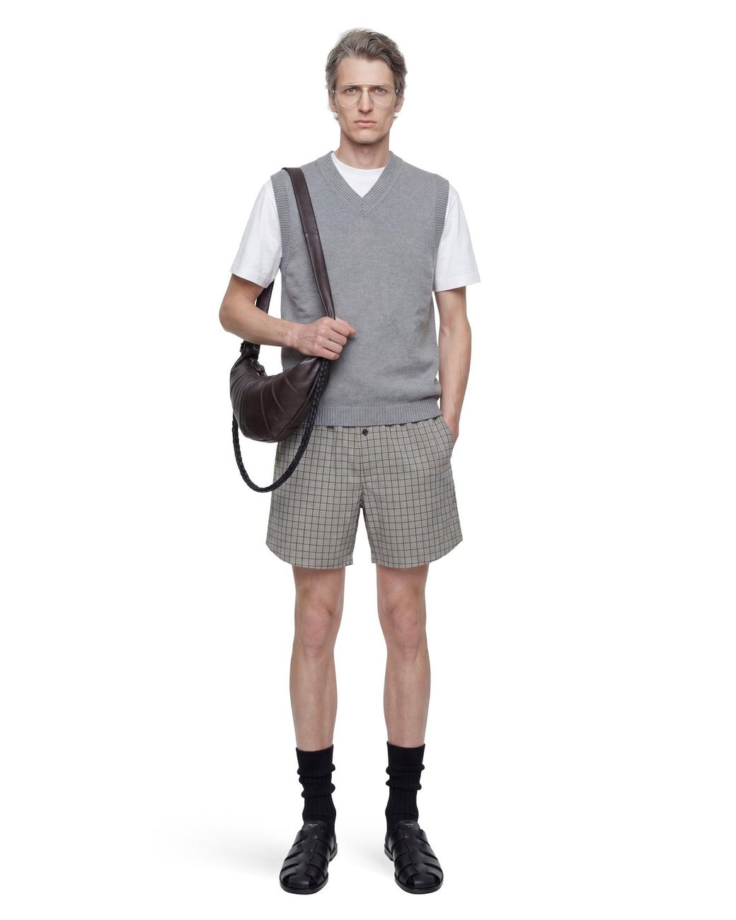 Hed Mayner Gray Viscose Linen Check Shorts for men