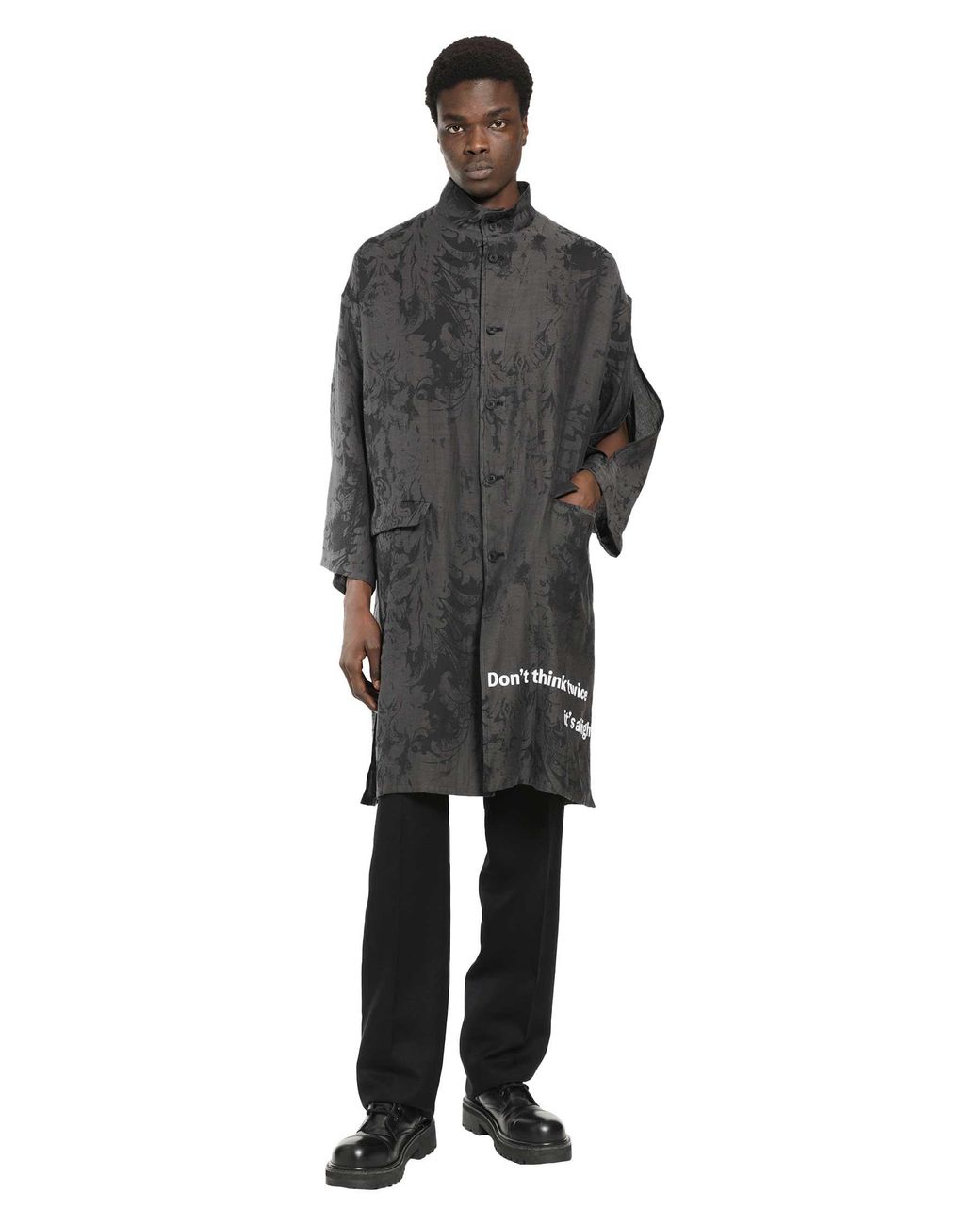 Yohji Yamamoto Black Jacquard Message Print Long Jacket for men