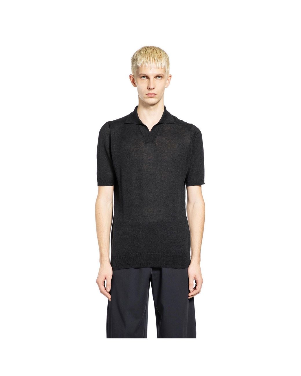 Lardini Black Cotton Linen Knit Polo for men