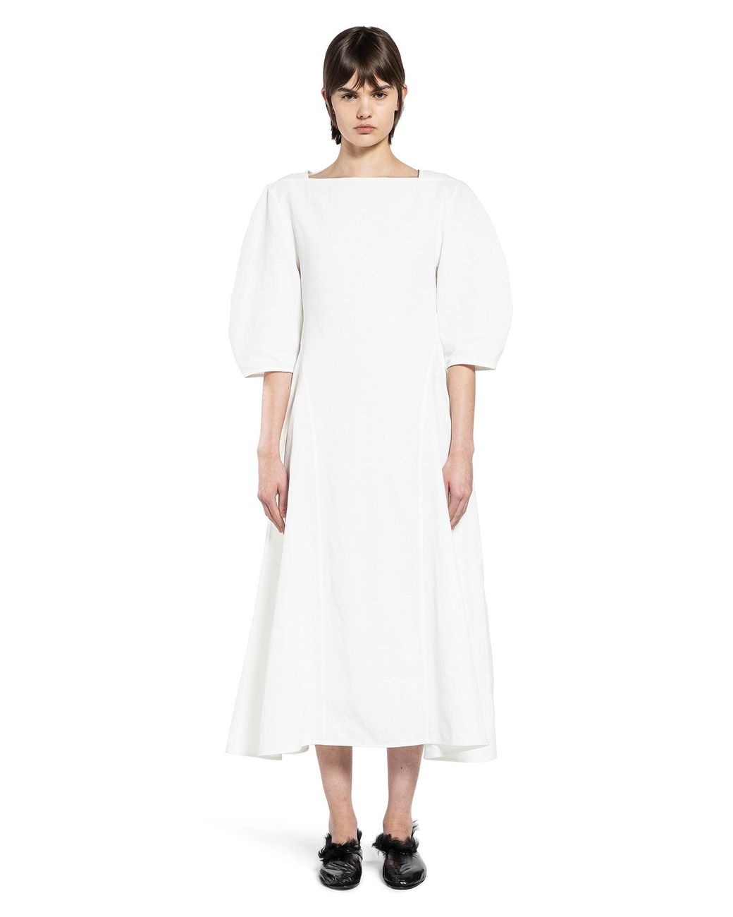 Jil Sander White Rounded-Sleeved Linen Dress