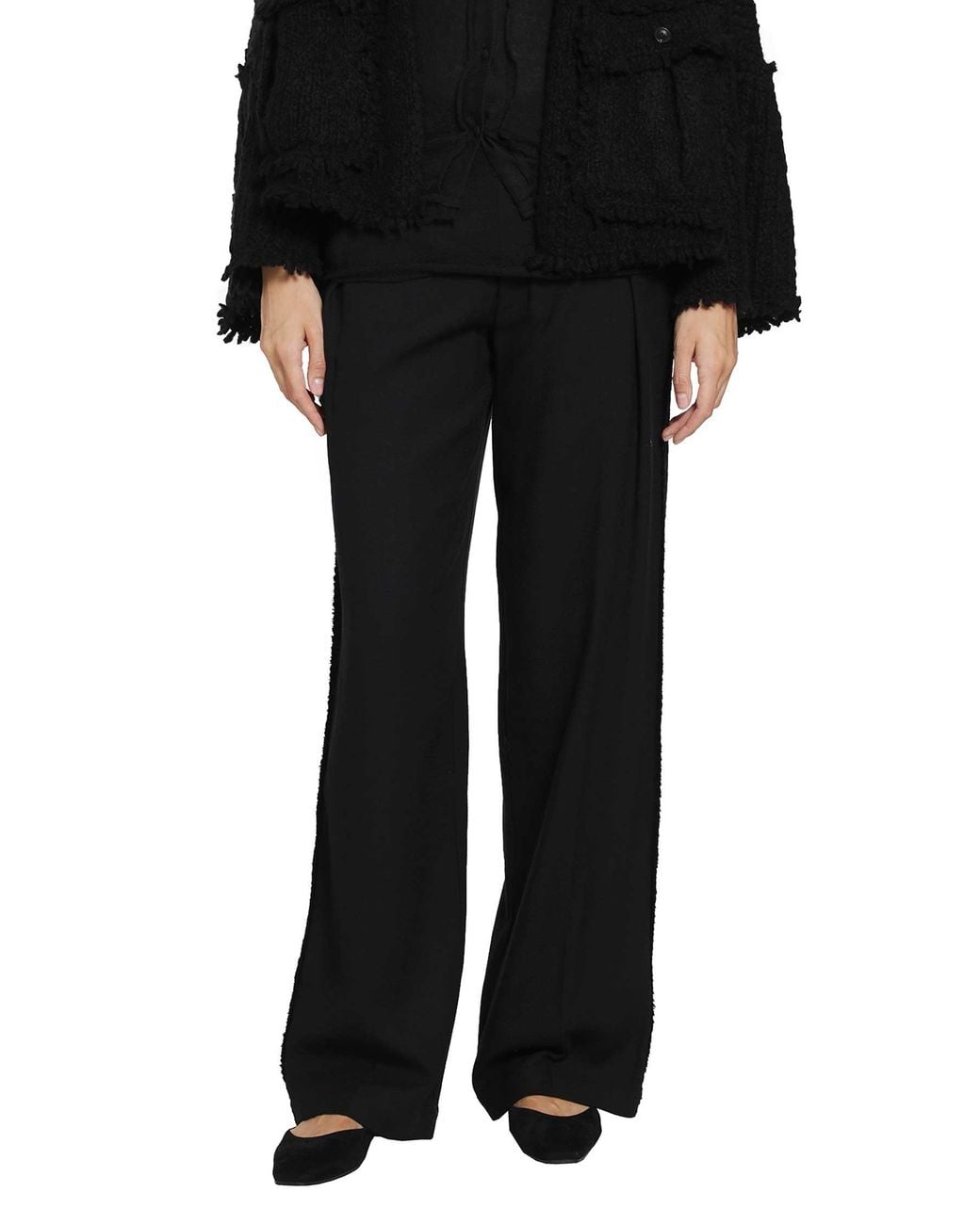 Yehuafan Black Wool Wide-Leg Trousers
