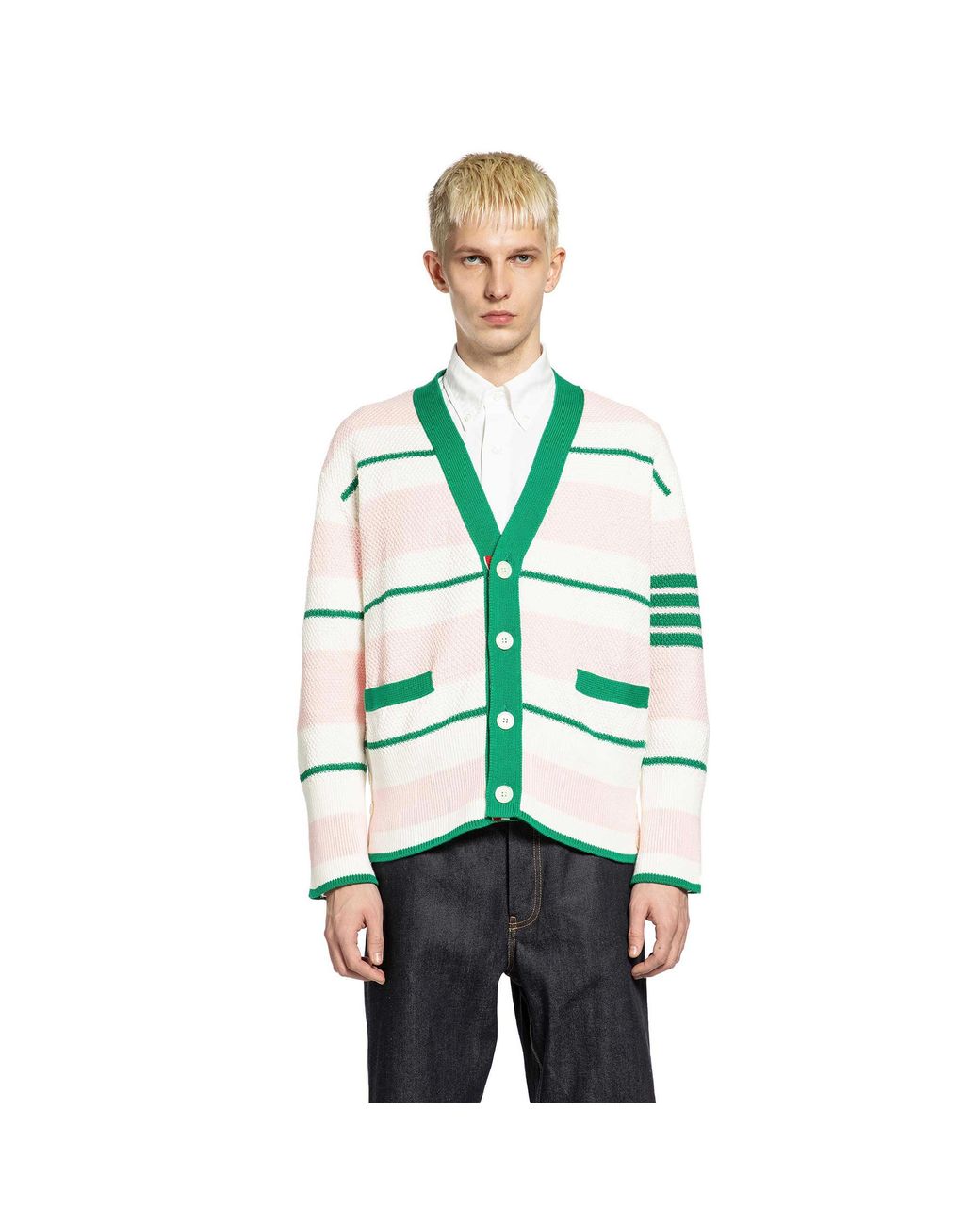 Thom Browne Green Striped Cardigan for men