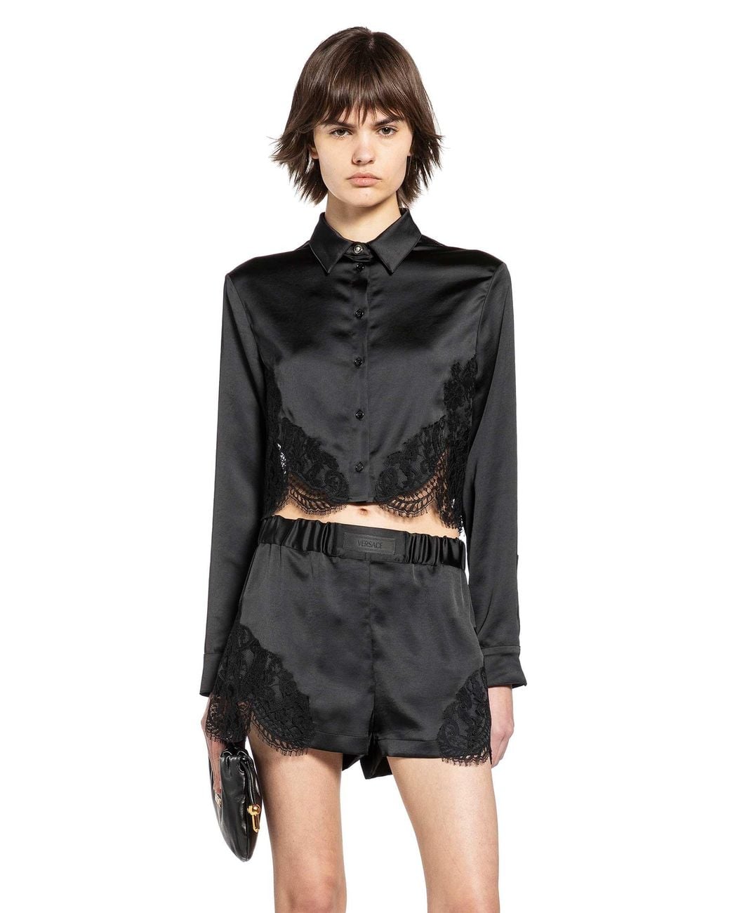 Versace Black Lace-Trim Satin Crop Shirt
