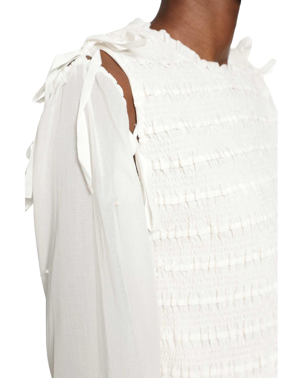 Renli Su White Smocked Cotton Blouse