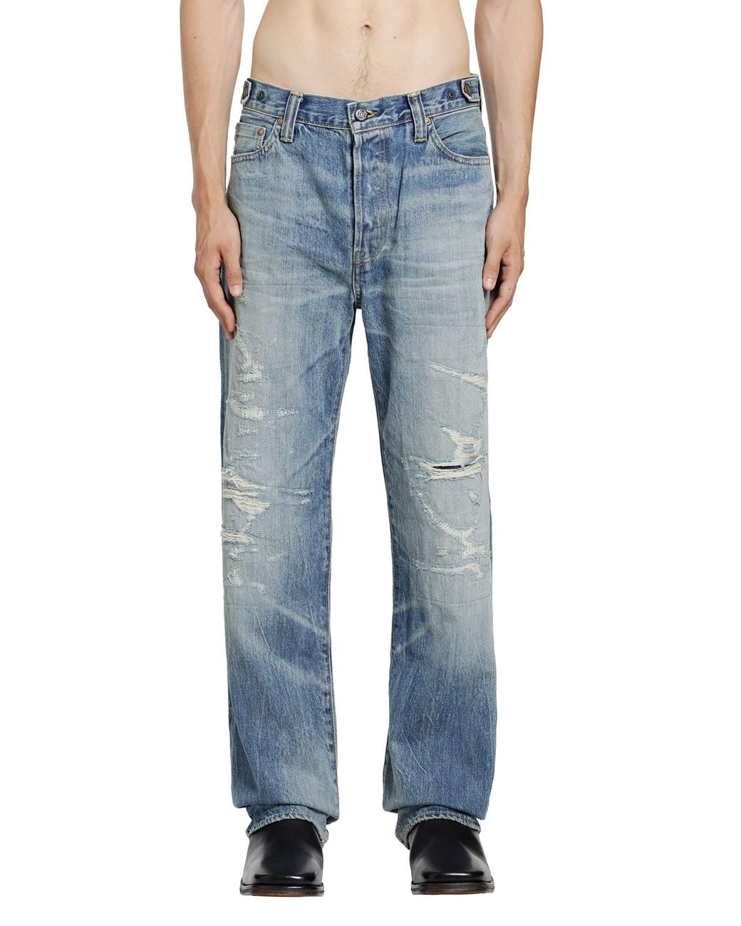 Mastercraft Union Blue Showa Relaxed Natsu Ao Repaired Jeans for men