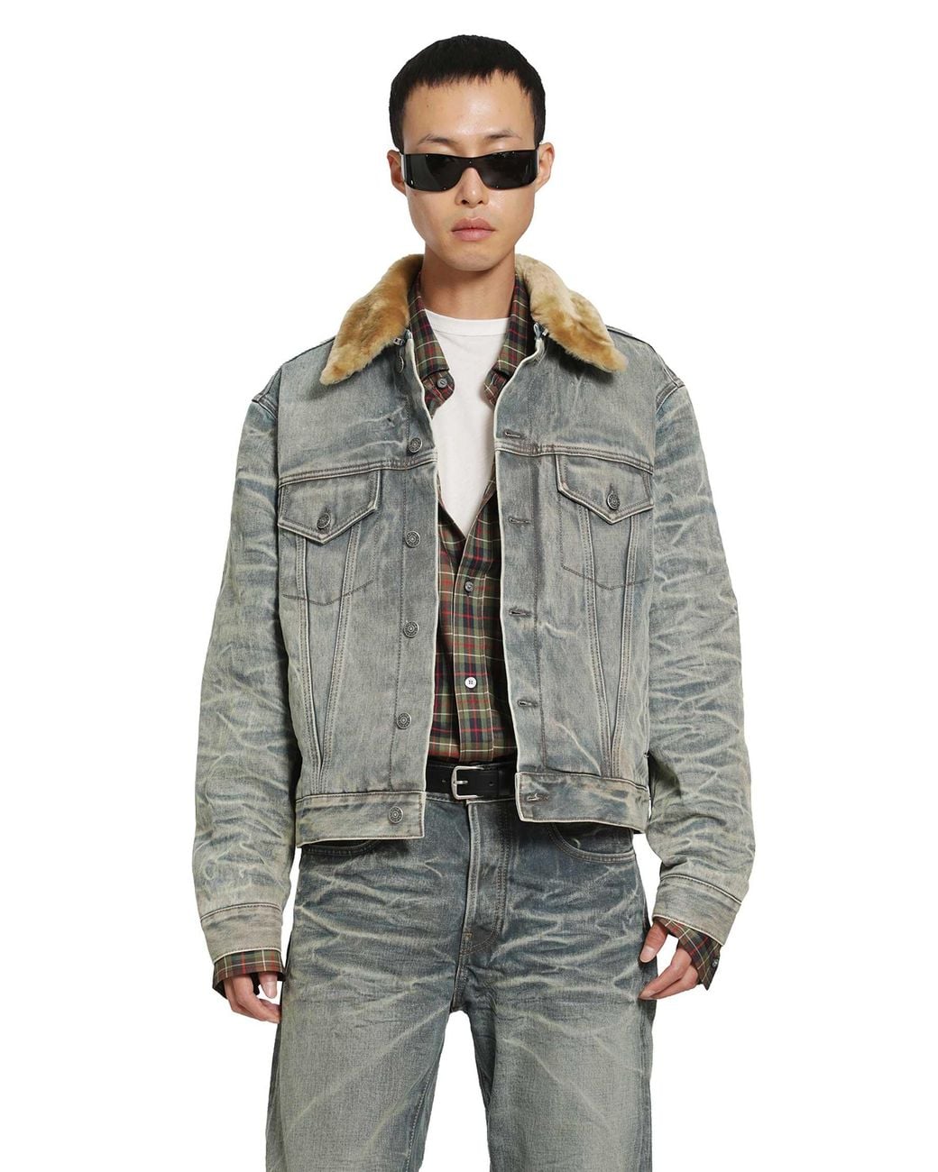 Acne Gray Shearling Collar Denim Jacket for men