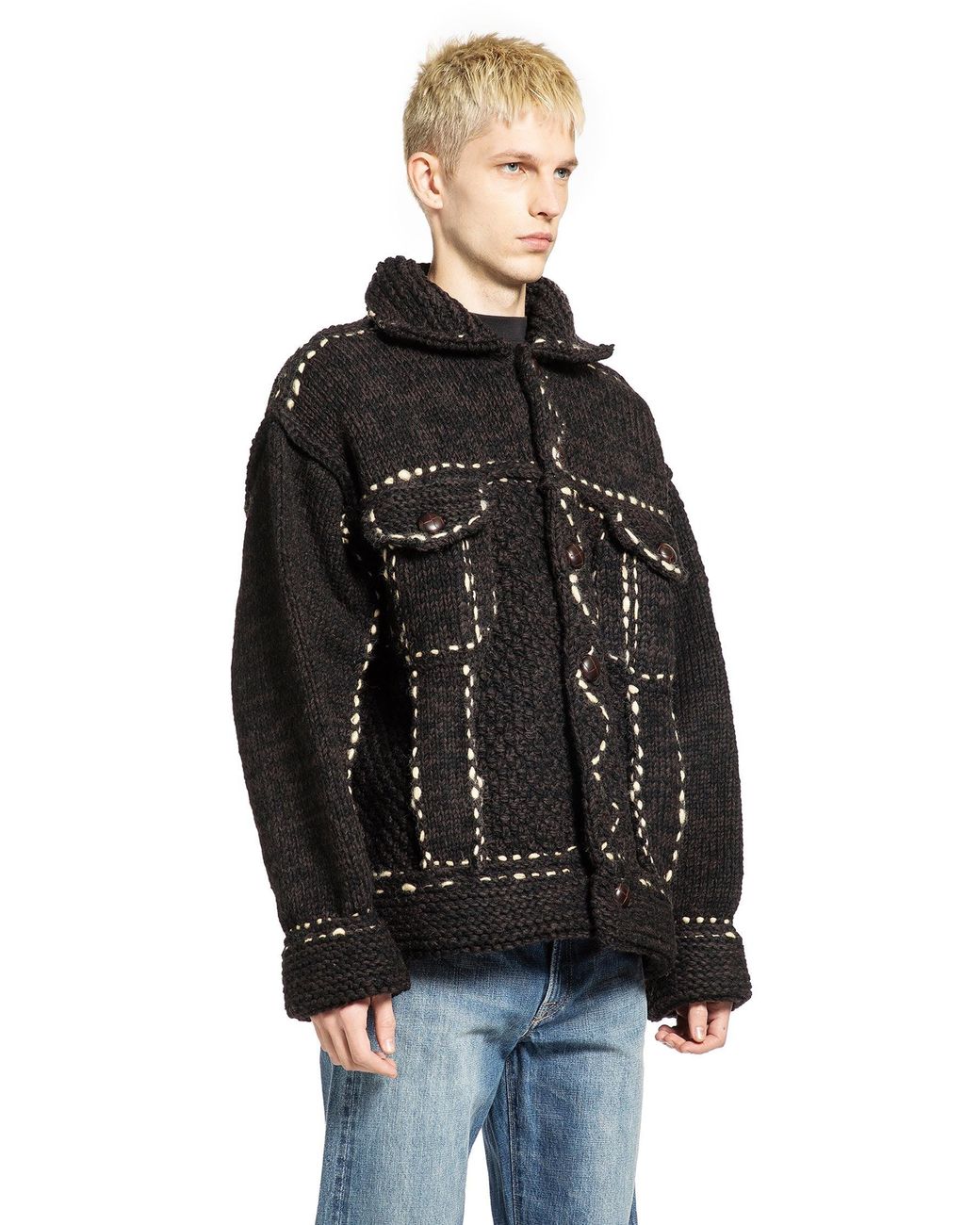 Kapital Black Wool Hand Knit Cowichan G-Jacket for men