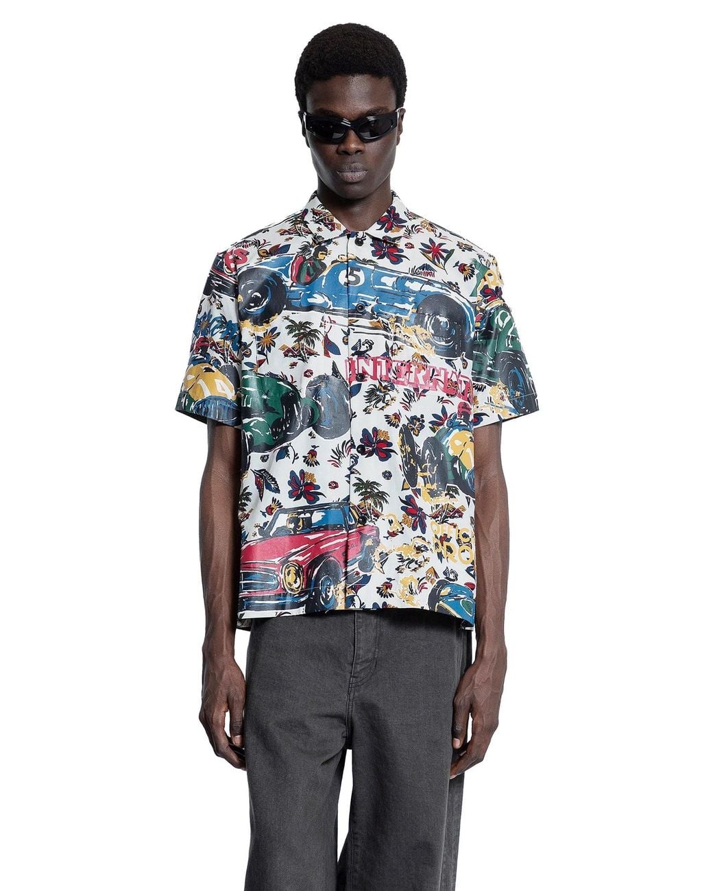 Sacai Black Car Race/Tropical Print T-Shirt for men