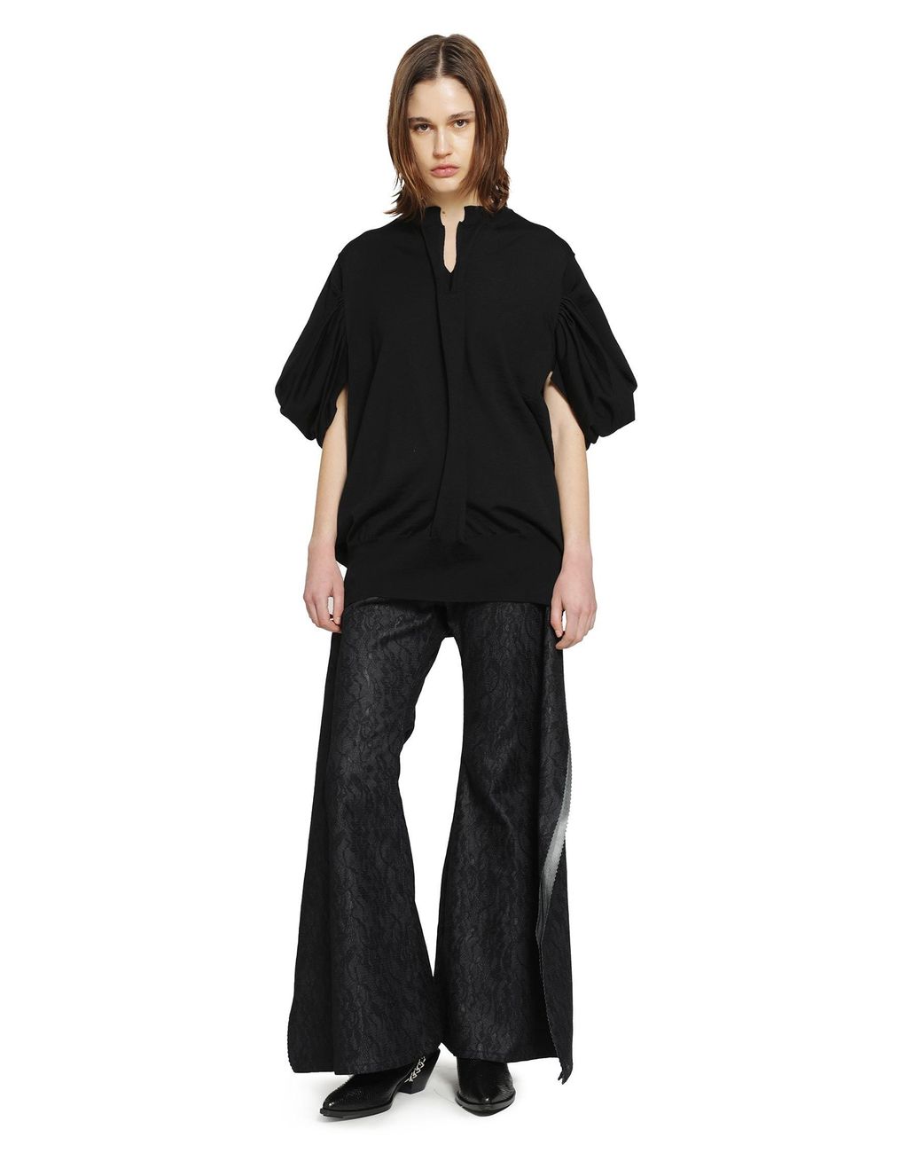 Junya Watanabe Black V-Neck Wool Sweater With Gathered Sleeves