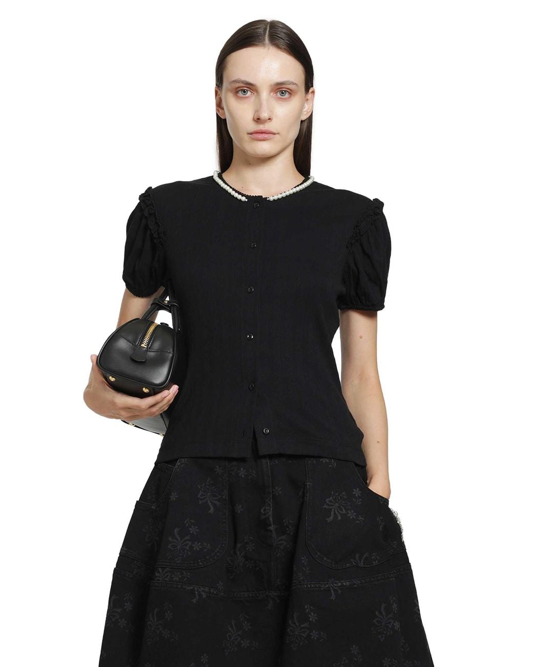 Simone Rocha Black Pointelle Puff Sleeve Cardigan