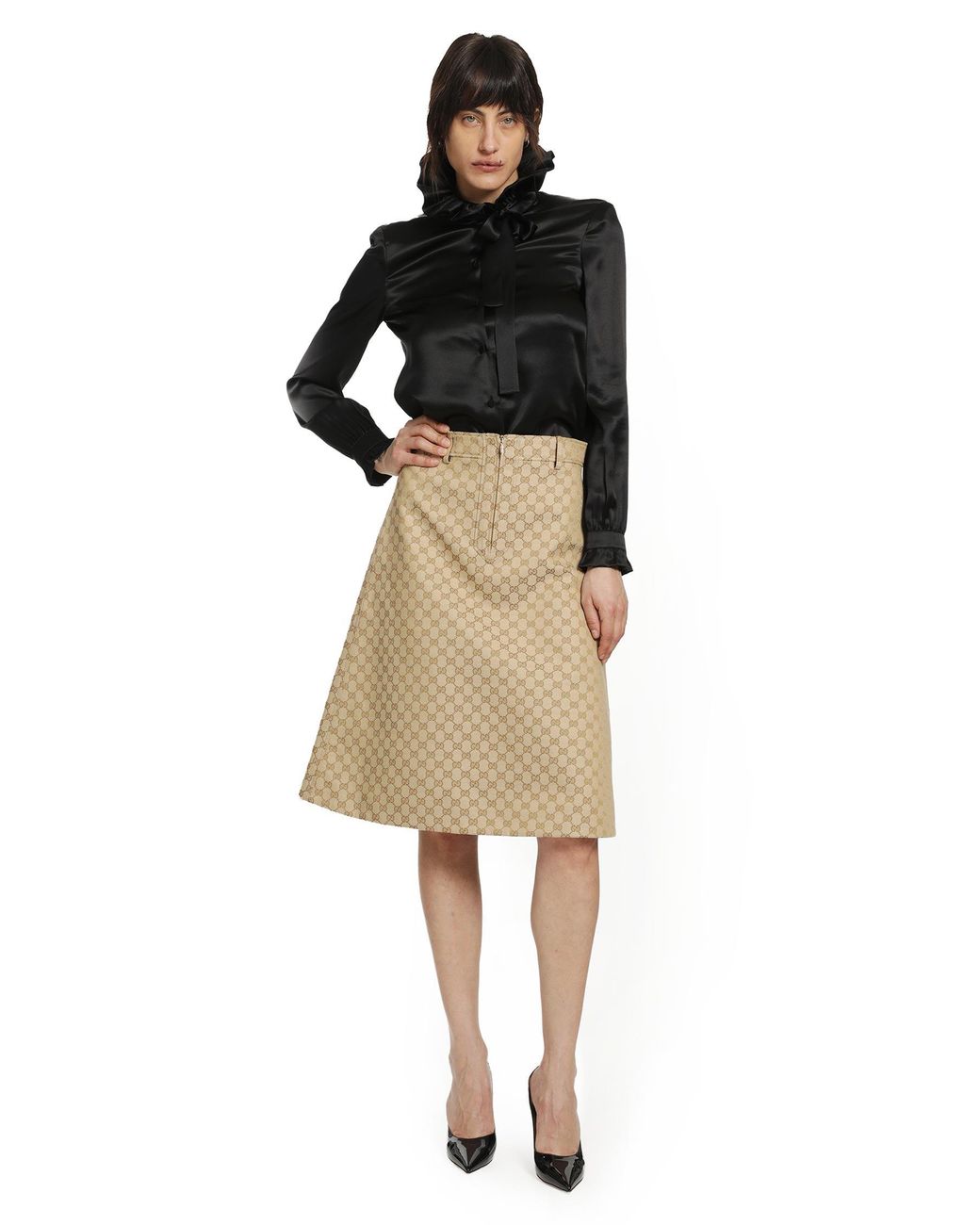 Gucci Black Silk Satin Ruffled Shirt