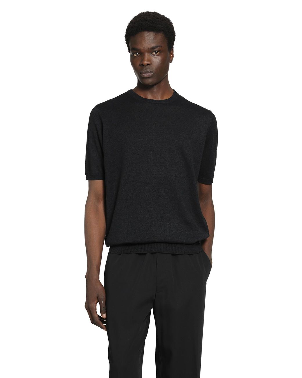 Lardini Black Cotton Linen Jacquard Knit T-Shirt for men