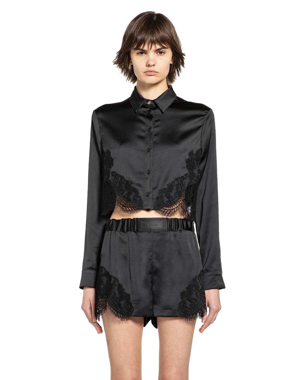Versace Black Lace-Trim Satin Crop Shirt