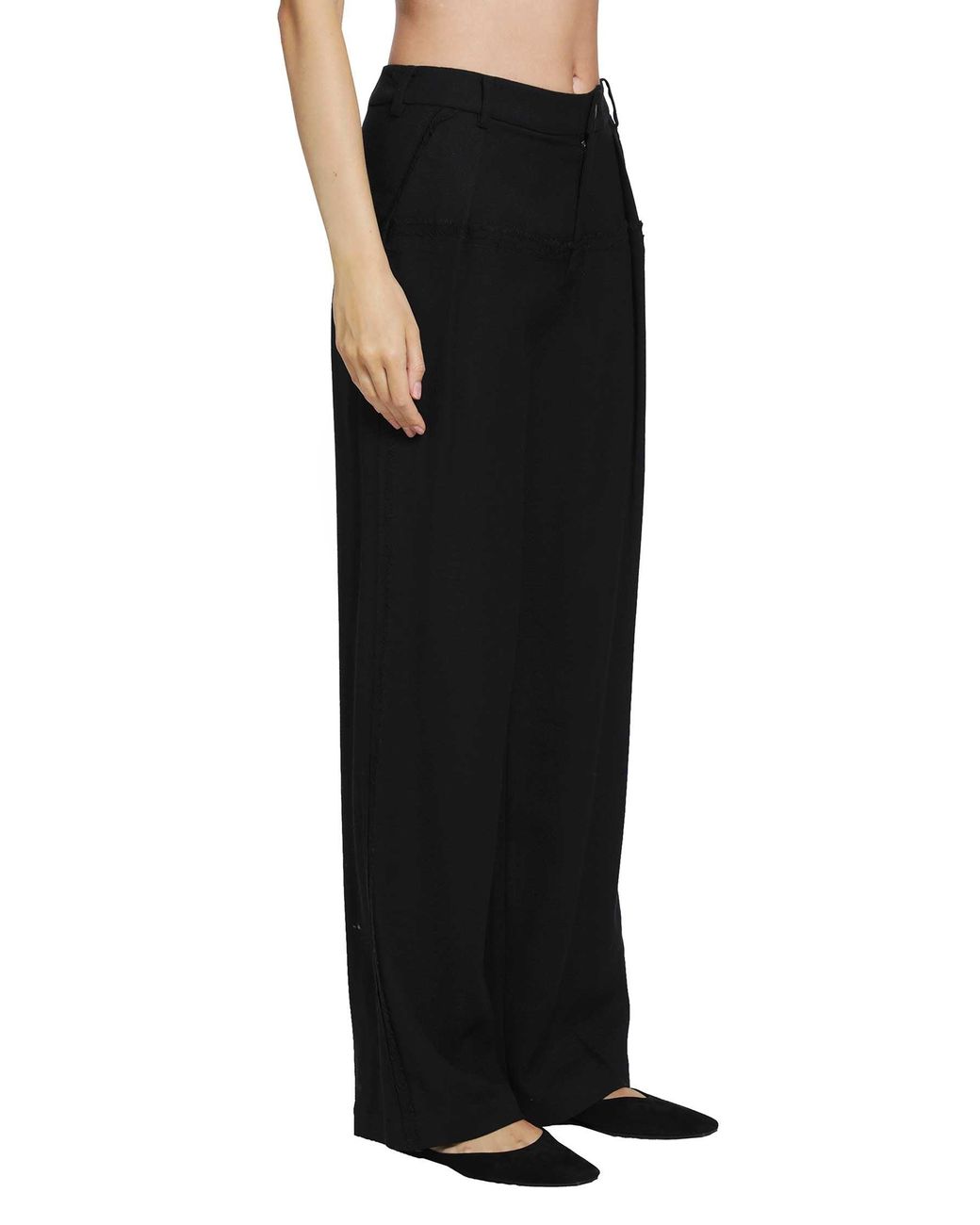 Yehuafan Black Wool Wide-Leg Trousers