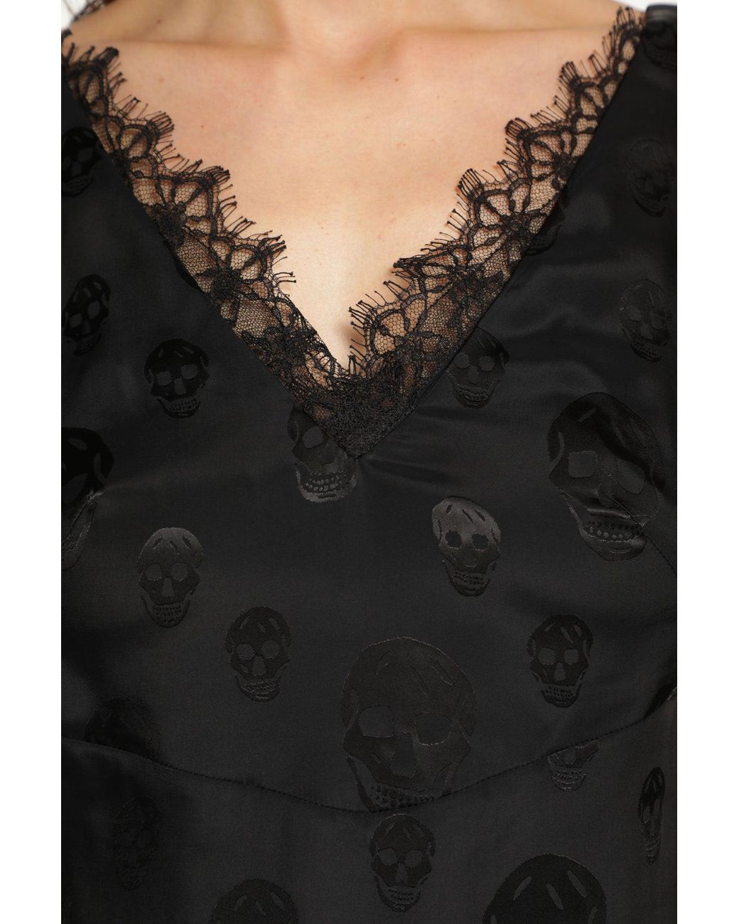 McQueen Black Skull Print Lace Trim Top