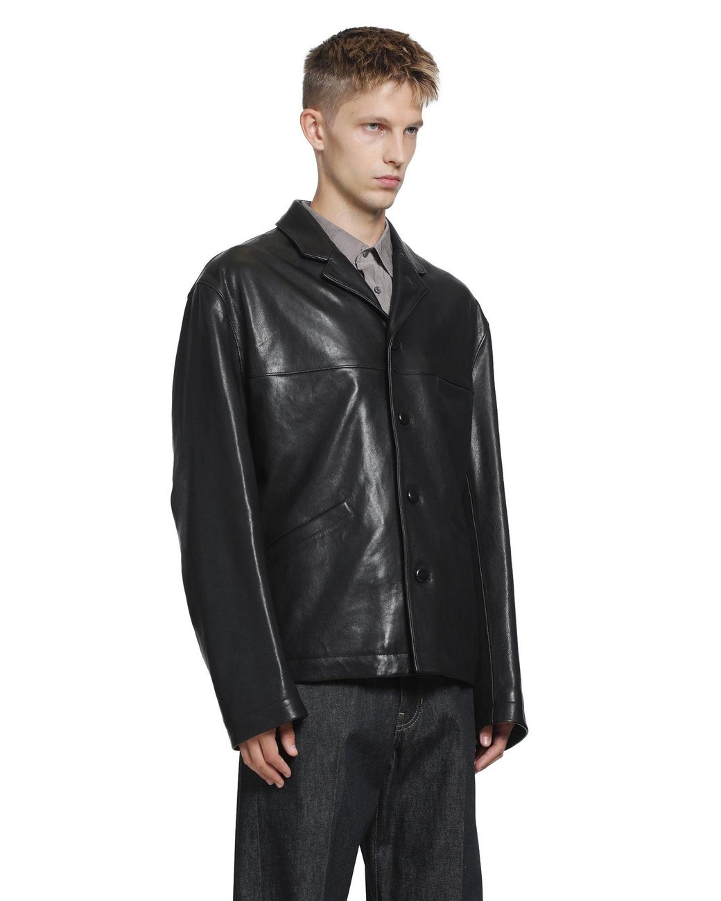 Lemaire Black Leather Single Breasted Jacket for men
