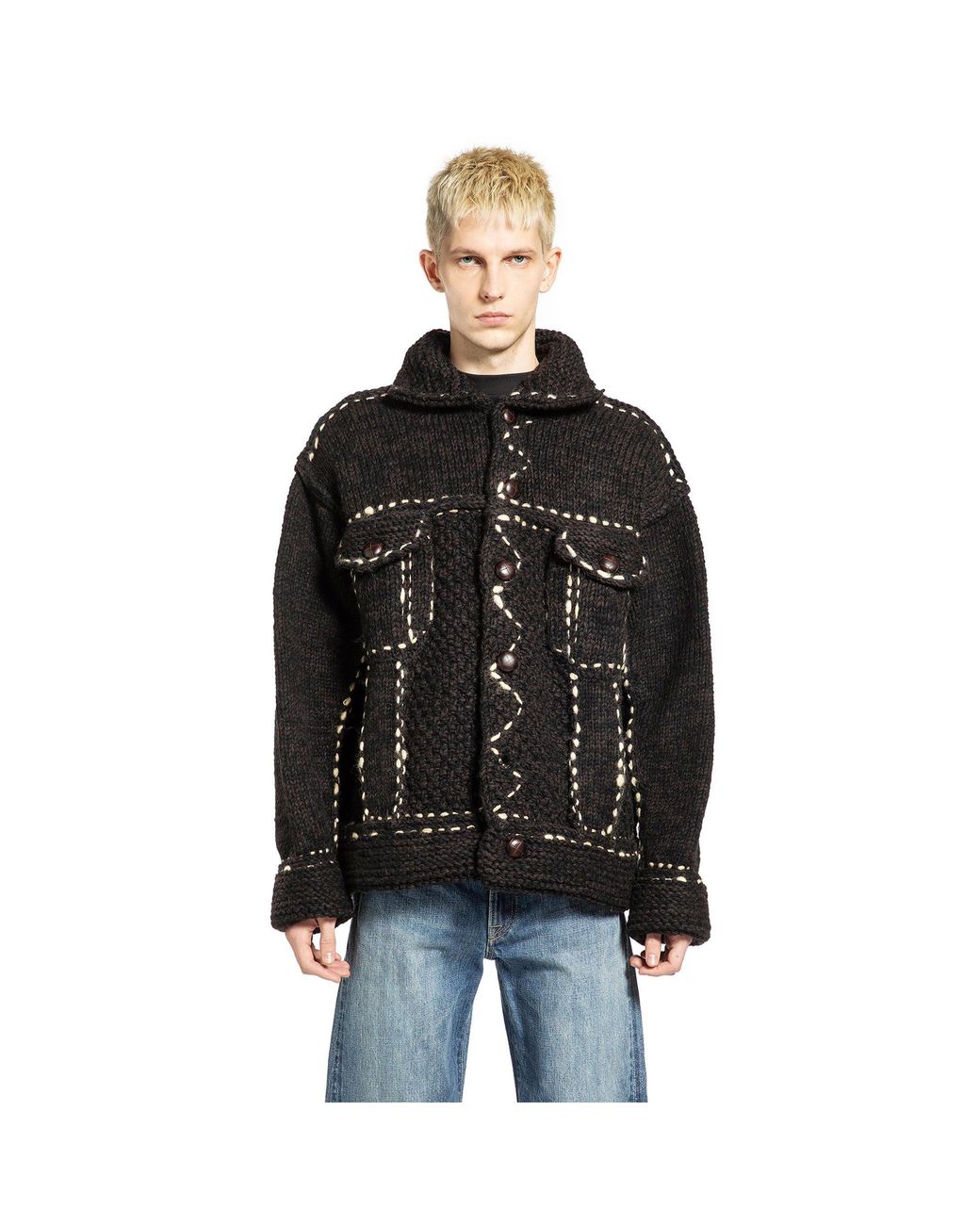 Kapital Black Wool Hand Knit Cowichan G-Jacket for men