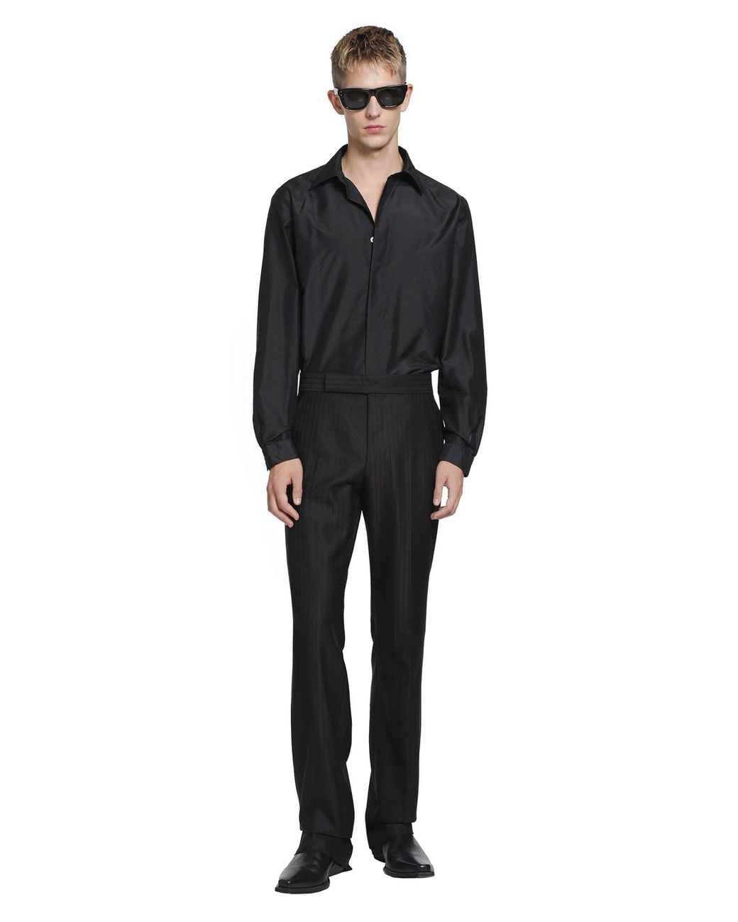 Tom Ford Black Broken Twill Satin Stripe Trousers for men