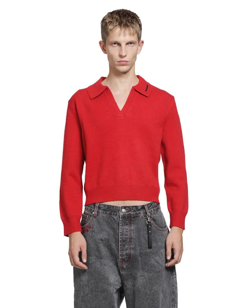 DAGGER Red Croped Knit Polo for men