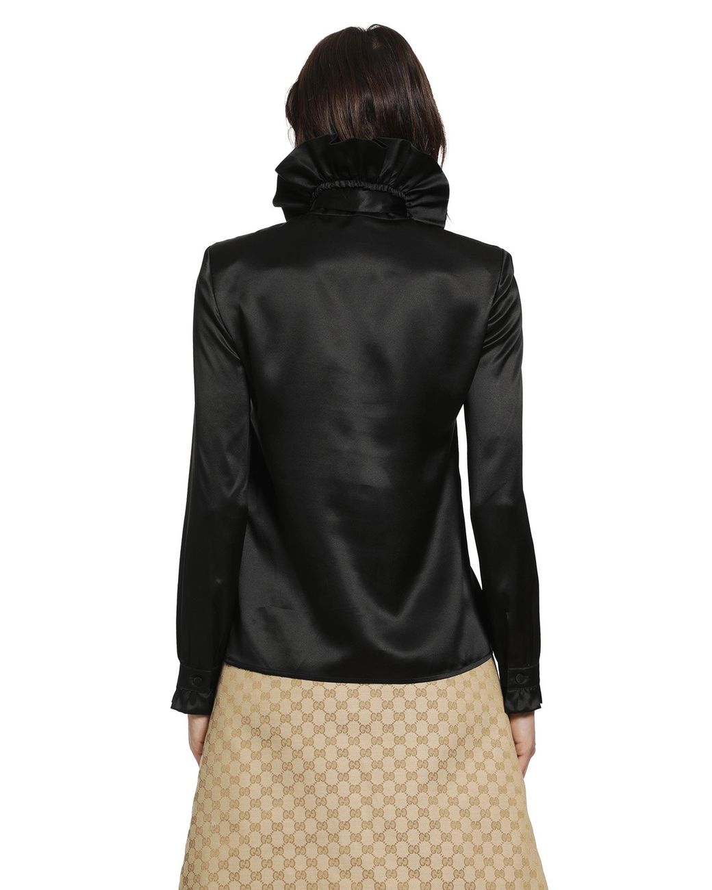 Gucci Black Silk Satin Ruffled Shirt