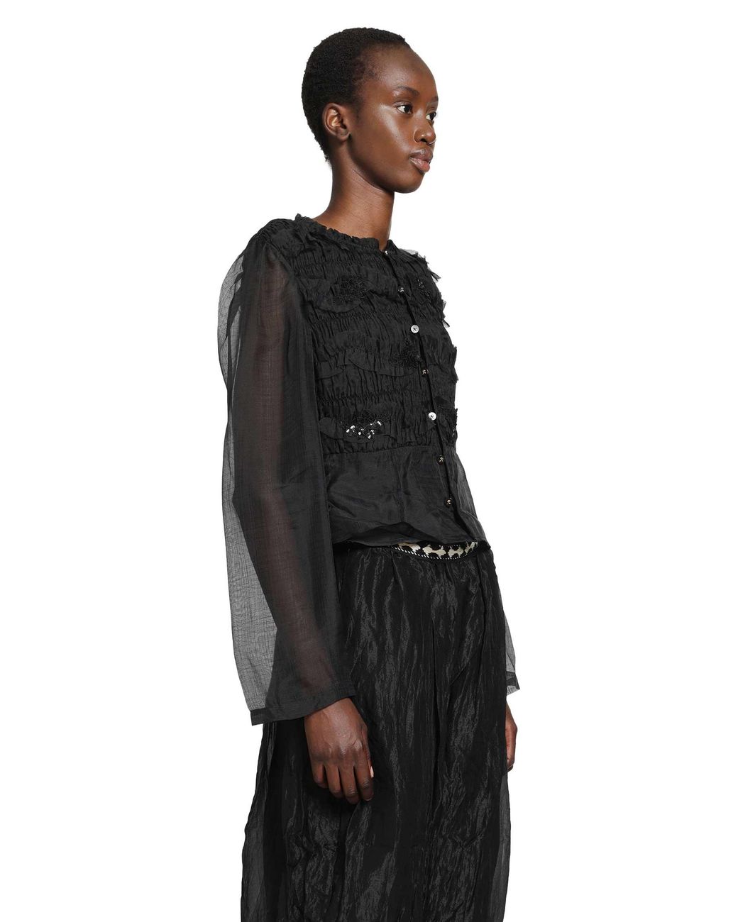 Renli Su Black Shirred Silk Twill And Organza Shirt