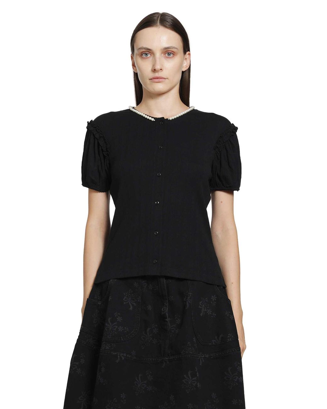 Simone Rocha Black Pointelle Puff Sleeve Cardigan